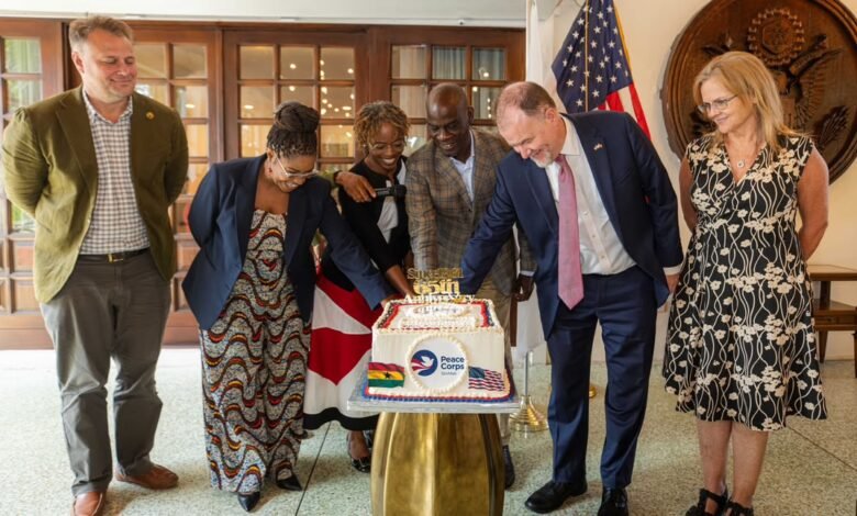 Mr Haruna Iddrisu (third from right) with Rolf Olson (second from right) and other dignitaries cutting the anniversary cake