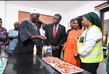 Mr Haruna Iddrisu (left) explaining a point to Vice-President Prof. Opoku-Agyemang (second from right). With them are Ms Dora (right) and the Kenyan Ambassador (second from left)