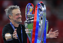 PSG head coach Luis Enrique celebrates after the Champions League win over Arsenal in Budapest