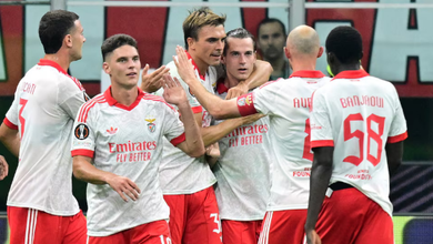 Benfica's Jakub Kaminski celebrates scoring their second goal with teammates