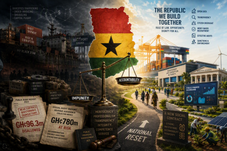 Cover artwork: Ghana as a fractured republic at the crossroads of cargo, corruption, justice, and renewal. 