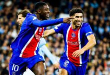 Achraf Hakimi (right) joins Ousmane Dembélé to celebrate the second goal