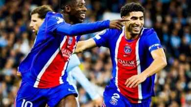 Achraf Hakimi (right) joins Ousmane Dembélé to celebrate the second goal