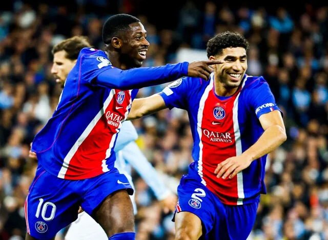 Achraf Hakimi (right) joins Ousmane Dembélé to celebrate the second goal