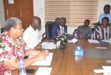 Mr Ibrahim (second from left) addressing the gathering. With him are Dr Sylvester Darko (middle), Ms Tetteh-Agbotui (left) and other dignitaries during the visit Photo Victor A. Buxton