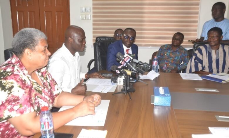 Mr Ibrahim (second from left) addressing the gathering. With him are Dr Sylvester Darko (middle), Ms Tetteh-Agbotui (left) and other dignitaries during the visit Photo Victor A. Buxton