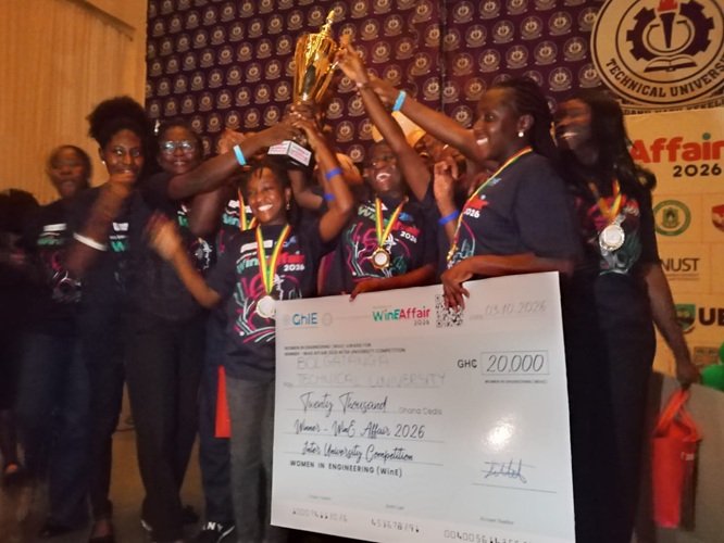 Bolgatanga Technical University students displaying the trophy and cheque at the event