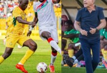 Black StarsFelix Afena-Gyan in a tussle for the ball with The Gambia defender James Gomez