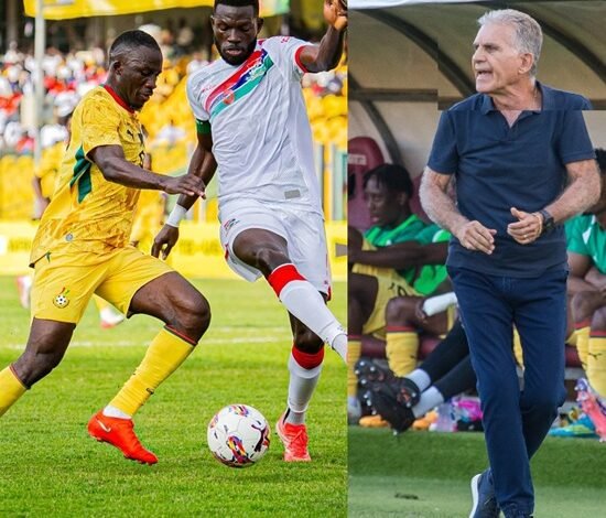 Black StarsFelix Afena-Gyan in a tussle for the ball with The Gambia defender James Gomez