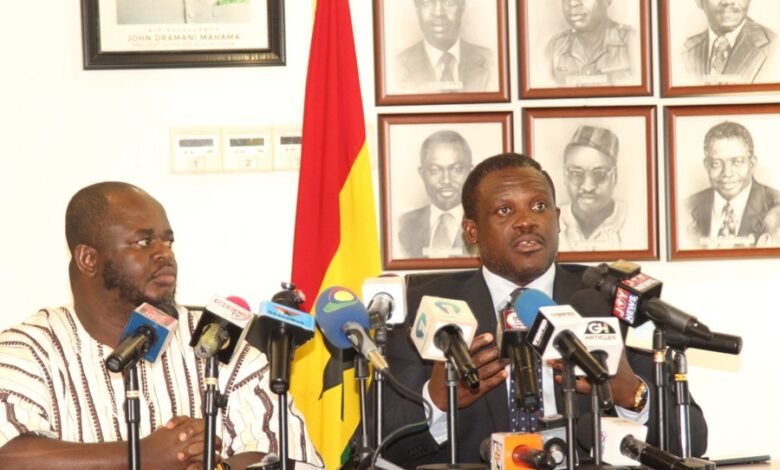 Mr Nartey George (right) addressing the press conference. With him is Mr Alex Okyere.