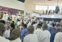 Dr Bawumia (arrowed) and some NPP supporters at a thanksgiving service at the Sunyani Central Church of Pentecost - F.D. Walker Church