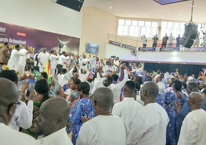 Dr Bawumia (arrowed) and some NPP supporters at a thanksgiving service at the Sunyani Central Church of Pentecost - F.D. Walker Church
