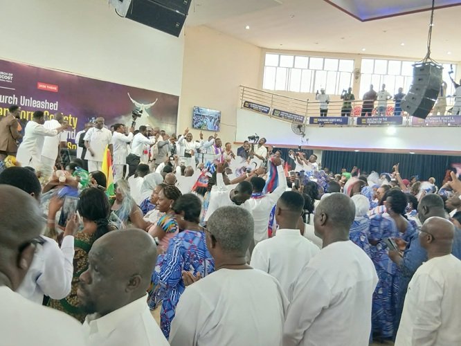 Dr Bawumia (arrowed) and some NPP supporters at a thanksgiving service at the Sunyani Central Church of Pentecost - F.D. Walker Church