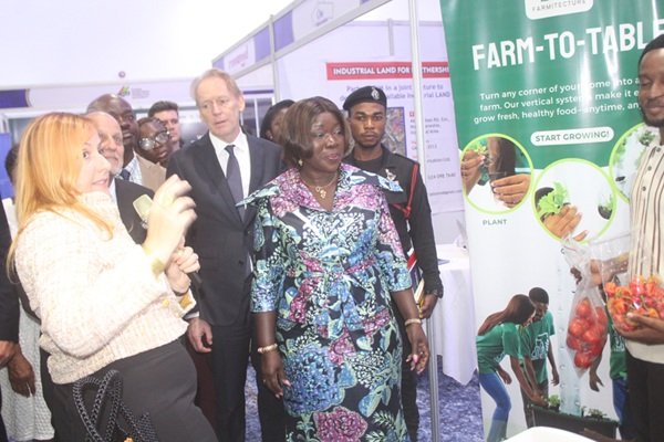 Mrs Elizabeth Ofosu-Adjare (right) and other EU officials being briefed at one of the exhibition stands. Photo Ebo Gorman