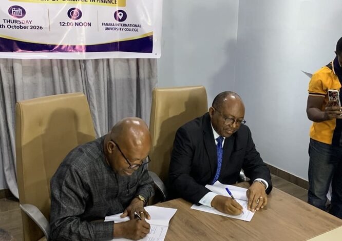 Prof Agyei-Ampomah (left), with Mr Williams (right), signing the MoU