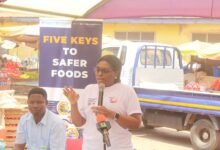 Mrs Maureen Lartey (inset) addressing traders at the Mallam Atta Market in Accra. Photo. Ebo Gorman