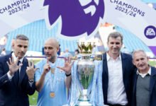 From left to right Khaldoon al-Mubarak, Pep Guardiola, Ferran Soriano and Txiki Begiristain celebrate winning the 2023-24 Premier League