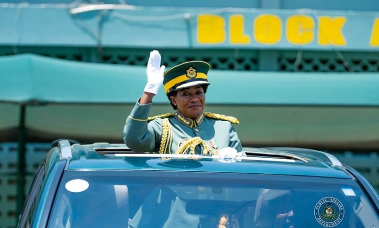 DCG Evelyn Lolonyo Lotsu waving to the crowd during her pull-out ceremony