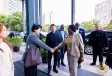 Vice President Prof. Opoku-Agyemang (right) being welcomed by the Shanghai officials during the forum