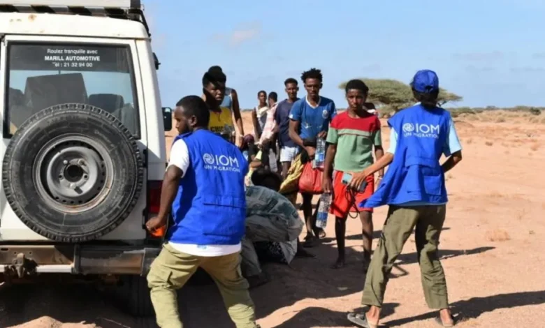 IOM workers receiving migrants near Guhere, north of the port town of Obock