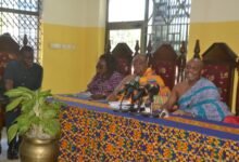 Nii Koofeh IV (right) speaking at the briefing. With him are Ms Sowah (second from left) and Alfredos Nii Anyetei (left) Photo Victor A. Buxton