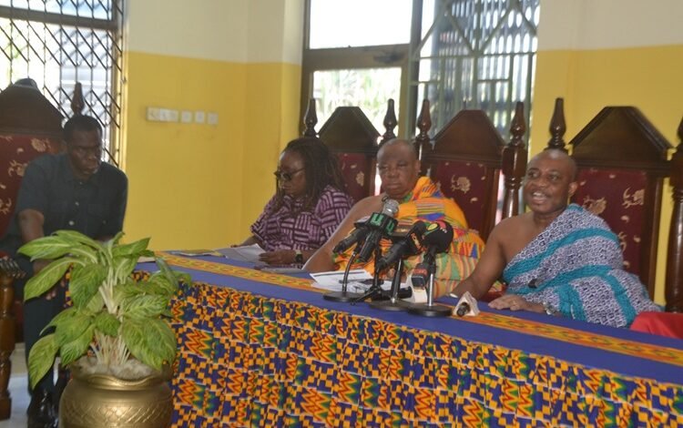 Nii Koofeh IV (right) speaking at the briefing. With him are Ms Sowah (second from left) and Alfredos Nii Anyetei (left) Photo Victor A. Buxton