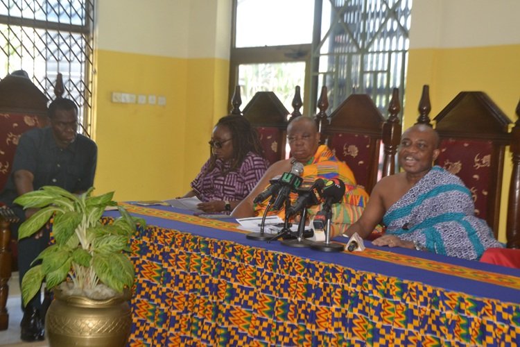 Nii Koofeh IV (right) speaking at the briefing. With him are Ms Sowah (second from left) and Alfredos Nii Anyetei (left) Photo Victor A. Buxton