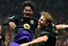 Lopez celebrates with Yamal after scoring Barcelona’s second goal