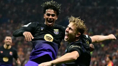 Lopez celebrates with Yamal after scoring Barcelona’s second goal