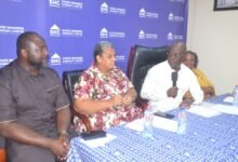 Mr Ibrahim (right) speaking during the visit. With him are Mr John Bawah (left) and Mrs Gizella Tetteh – Agbotui (second from left) Photo Victor A. Buxtton