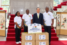 Mr Kyongsig (second right) flanked by the executives of GTF including Mr Frederick Lartey Otu (second left) and Ms Hannah Humphrey