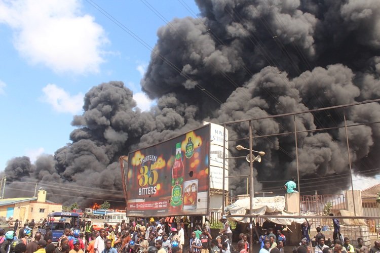 The inferno at the fire scene at the Avenor, North Industrial Area. Photo Ebo Gorman