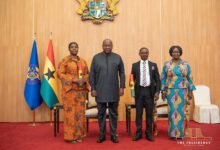 President Mahama (second from left) and his Vice President Prof. Jane Naana Opoku-Agyemang (right) with the two EC deputies after the swearing-in ceremony