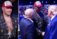 President Donald Trump (right) exchanging pleasantries with Tyson Fury and other dignitaries at the UFC Freedom 250 event recently