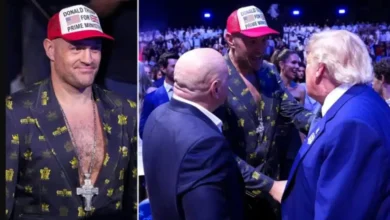 President Donald Trump (right) exchanging pleasantries with Tyson Fury and other dignitaries at the UFC Freedom 250 event recently