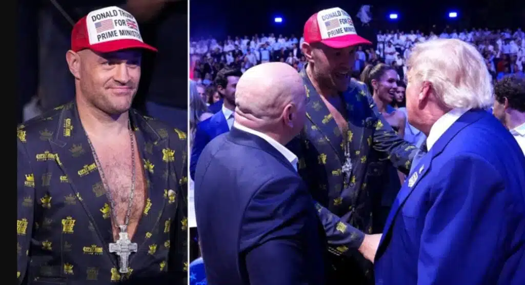 President Donald Trump (right) exchanging pleasantries with Tyson Fury and other dignitaries at the UFC Freedom 250 event recently