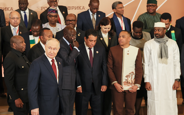 President Vladimir Putin, foreground left, and other leaders pose for a family photo during the Russia-Africa Summit in Moscow