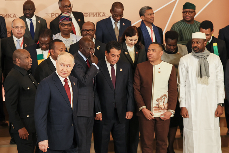 President Vladimir Putin, foreground left, and other leaders pose for a family photo during the Russia-Africa Summit in Moscow