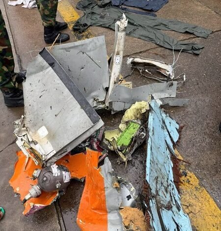 Remnants of a Nigerian military helicopter that crashed while carrying several passengers and crew members, in Ondo State, Nigeria