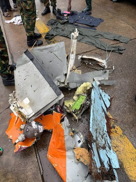 Remnants of a Nigerian military helicopter that crashed while carrying several passengers and crew members, in Ondo State, Nigeria
