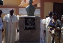 The Most Rev Fianu (right) with others after unveiling the bust of Bishop Herman