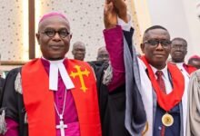 Most Rev. Prof. Asamoah-Gyadu( left) introducing Mr Sakyi to the congregation