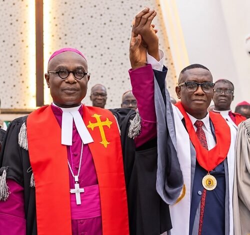 Most Rev. Prof. Asamoah-Gyadu( left) introducing Mr Sakyi to the congregation