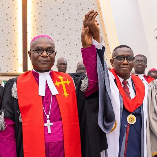 Most Rev. Prof. Asamoah-Gyadu( left) introducing Mr Sakyi to the congregation