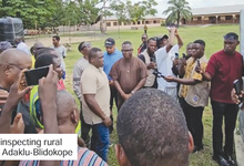 • Mr Nartey George inspecting rural telephony project at Adaklu-Blidokope
