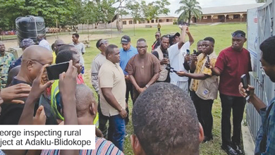 • Mr Nartey George inspecting rural telephony project at Adaklu-Blidokope