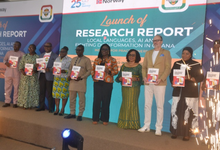 • Ms Muslim (second from right) being assisted by Mr Sam (thrid from left),Dr Binka (fourth from right),Mr Kvistad (third from right) and other dignitaries at the launch Photo: Victor A. Buxton