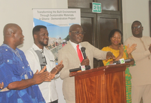 • Mr Ahmed Ibrahim (third from right) launching the Ghana's Built Environment Through Sustainable Materials project, with dignitaries applauding at the launch Photo: Ebo Gorman